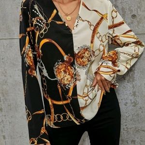 New Chain Print Two Tone Blouse